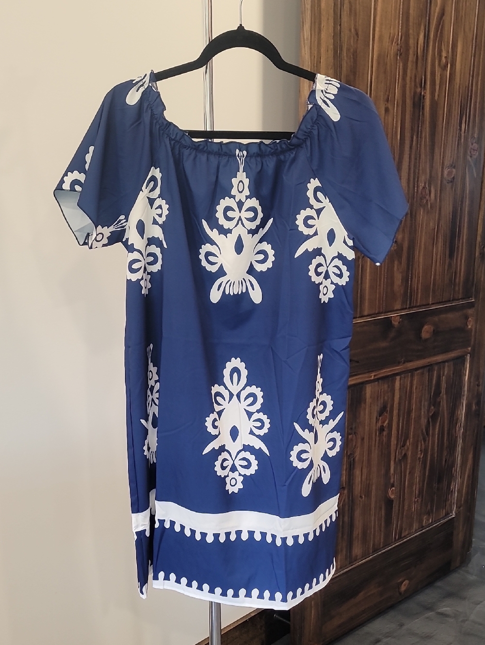SHEIN Blue and White Off-Shoulder Midi Dress